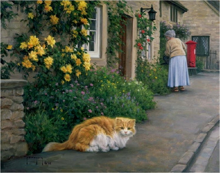 Cat and people - flower, people, kitten, cat, painting, woman, art