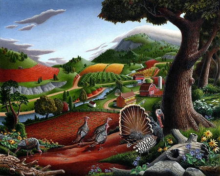 Walt Curlee. Turkeys In The Hills - painting, hill, art, walt curlee, animal, tree, turkey