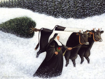 By Lowell Herrero - painting, art, snow, winter, lowell herreo, tree