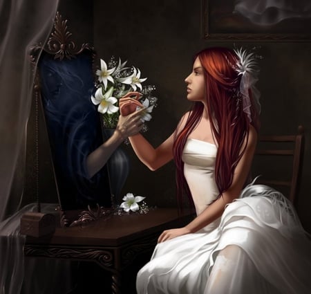 My Dark Side - abstract, bride, side, flower, red head, dark, fantasy, woman, 3d