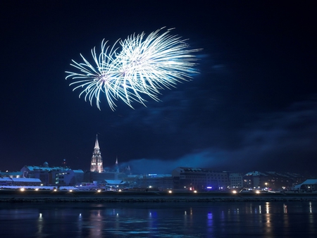 HAPPY NEW YEAR - sky, reflection, night, city, water, fireworks, lights