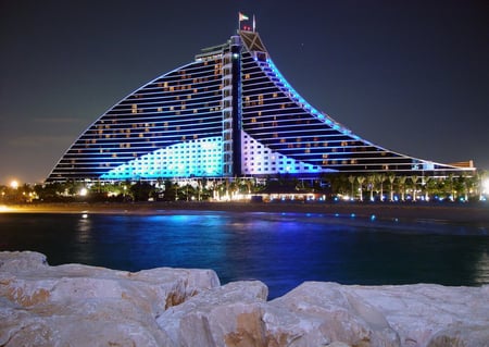 Jumeirah - dubai, blue, beach, lights, jumeriah, hotel, night