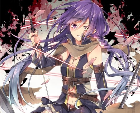 The Battle Has Ended - anime, sakuragi ren, sword, long hair, purple eyes, pixiv id 1096314, braids, wariza, weapon, sitting, purple hair