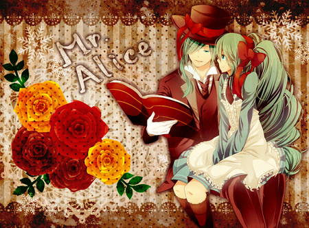 Mr. Alice - anime, ponytail, vocaloid, hatsune mikuo, book, twintail, dress, hatsune miku, green hair, long hair, pixiv id 260156, short hair, ribbon, hatsune twin, blue eyes, hat, mr alice, drill hair, aizawa shiro, flower, top hat, smile, thigh highs, gloves