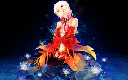 Inori Yuzuriha - orange dress, lonely, magic, crown, yuzuriha, long hair, inori, gulity crown, blue background, red eyes, pink long hair, guilty, black background, inori yuzuriha, loneliness, pink hair