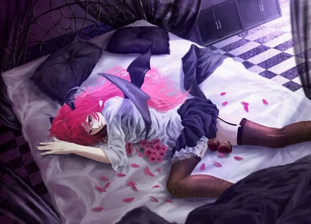 Love of Vampire - bed, female, thighhighs, room, anime girl, vampire, rose, laying, cherry blossom, bat head, love, pillow, sexy, bat wings, pink hair, alone, love of vampire, sweet, smile