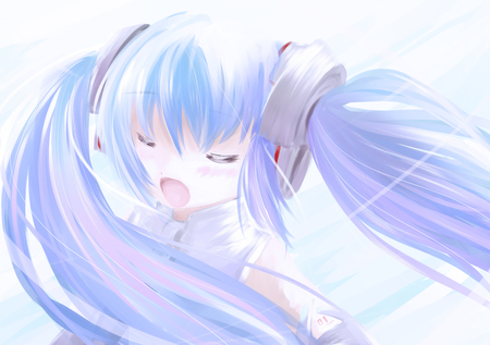 Hatsune Miku - virtual, closed eyes, miku, digital, vocaloids, song, microphone, singer, red, cool, headphones, awesome, vocaloid, anime, twintail, blue, cg, singing, stunning, aqua hair, hatsune, black, cute, beautiful, white hair, amazing, girl, anime girl, white, program, aqua eyes, artistic, pretty, aqua, art, diva, twin tail, nice, idol, headset, music, hatsune miku