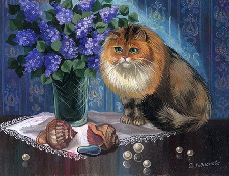 Cat near a still life - flower, animal, kitten, cat, feline, still life, art