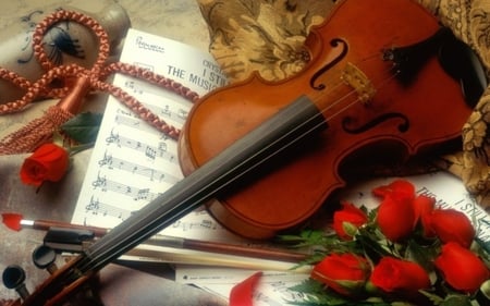 Violin and Roses - roses, violin, musical notes, classic