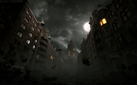 NIGHT...!!! - street, black, dark, stars, hd, night, cg, horror, sky, fantasy, moon, house, adventure, autumn