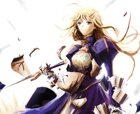 Guess Who Won? - stu dts, saber, armor dress, long hair, armor, fate stay night, blonde hair, broken armor, gauntlets, breastplate, anime, vambraces, weapon, sword, dress, pixiv id 2211832