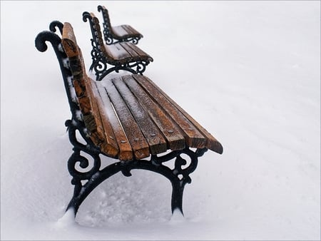 Waiting...on Sun - winter, park, benches, snow