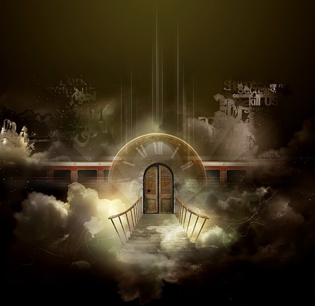 Time To Go - clouds, heaven, abstract, door, fantasy, stairs, train, time, 3d