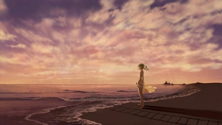 Run Away - railroad track, beach, pixiv id 1122721, megpoid, anime, gumi, sand, short hair, ocean, scenic, tomero, green eyes, vocaloid, scenery, green hair, stick, shadow