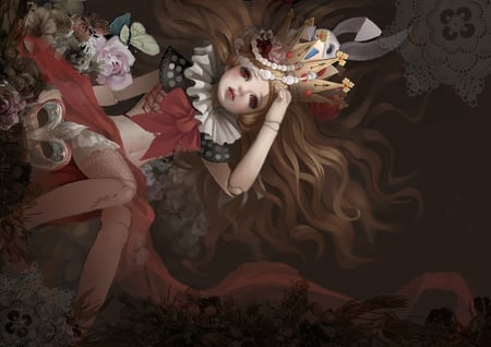 Alice in Wonderland - anime, zhengzheng, crown, dress, lying, long hair, flowers, pixiv id 1509632, mask, alice in wonderland, puppet, blonde hair, red eyes, doll joints, rose, alice, butterlfy