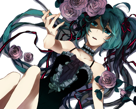 Hatsune Miku - hair ribbon, roses, aqua hair, pixiv id 1122721, choker, anime, aqua eyes, miku, ribbon, hatsune miku, long hair, tomera, ahoge, hatsune, vocaloid, hair flower, flower, dress