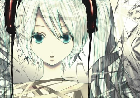 Hatsune Miku - hatsune miku, aonoe, twintail, pixiv id 1540607, hatsune, vocaloid, headphones, ao, anime, miku, aqua eyes, white hair