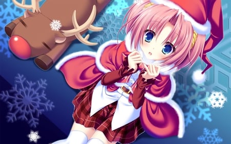 A Very Pink Christmas - snowflake, rudolph, christmas, santa, reindeer, pink, snow, anime, pink hair girl