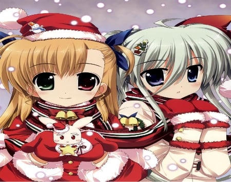 Vivio Takamachi and Einhart Stratos Christmas - snowman, magical lyrical girl nanoha strikers, bells, reef, christmas, santa, einhart stratos, star, rabbit, vivio takamachi, snow, tree