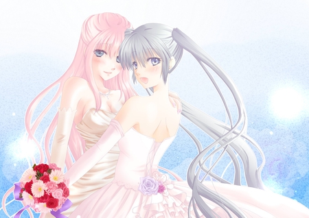 Megurine Luka & Hatsune Miku - pretty, artistic, twin tail, pink, luka, flowers, stunning, nice, program, formal, wedding, megurine, beauty, virtual, cg, white, megurine luka, cute, aqua eyes, song, vocaloid, anime, blue, amazing, twintail, dress, hatsune miku, wedding dress, music, aqua, beauitful, pink hair, art, idol, anime girl, singer, girl, cool, black, miku, awesome, diva, digital, rose, aqua hair, hatsune, vocaloids