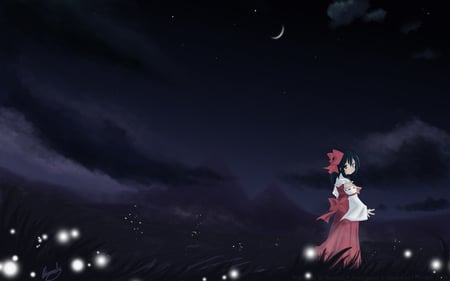 Reimu Hakurei - moon, shrine maiden project, ribbons, night, anime girl, touhou, miko, dark, red dress, cute, reimu kakurei