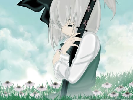 Youmu's Loneliness - anime girl, lonely, konpaku, sword, youmu, white hair, flowers, touhou, katana, sky