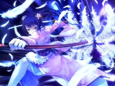 Futami Ayame - feathers, angel, female, twintails, tenshi no hane wo fumanaide, futami ayame, cool, anime, sword