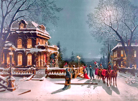 Visit - house, trees, winter, people, snow, christmas, holiday, horses, visit