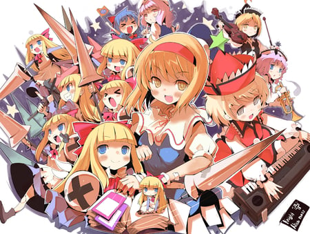 Alice and friends - anime, lyrica, merlin, touhou, lunasa, primsriver, shrine maiden project, dolls, anime girls, army, alice margatroid