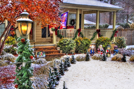 Christmas deco - house, snow, decorations, entrance, lantern