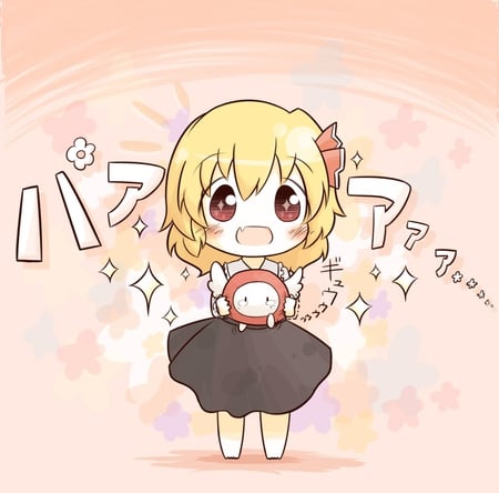 Chibi Rumia - anime, anime girl, petit, pink, short hair, colorful, touhou, rumia, chibi, black dress, cute, ribbon, shrine maiden project