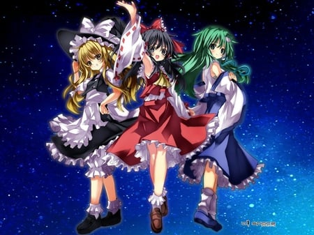 Touhou Girls - anime girls, stars, shrine maiden project, sanae kochiya, reimu hakurei, witch, miko, touhou, marisa kirisame, cool, anime, awesome