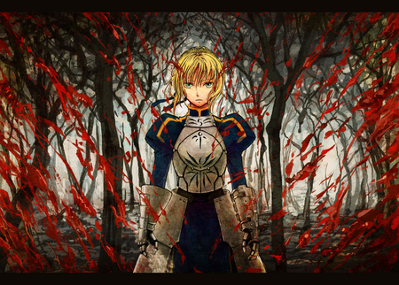 Saber - saber, trees, anime, anime girl, female, girl, blonde hair, green eyes, armour, armor, fate stay night, fsn