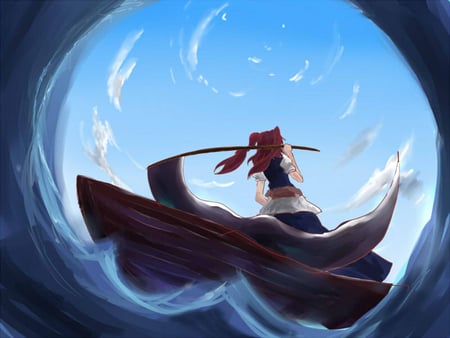 Onozuka Komachi - scythe, sky, shrine maiden project, water, anime girl, onozuka, shinigami, komachi, touhou, cool, anime, boat