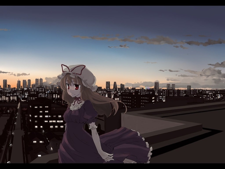 Yukari Yakumo - anime, anime girl, amazing, city, buildings, afternoon, yakumo, touhou, yukari, lights, shrine maiden project, skyscraper