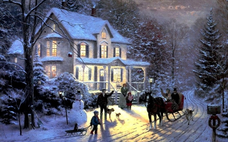 Season Greetings - snowman, winter, night, christmas, painting, art, season greetings, snow, beautiful, noel, house