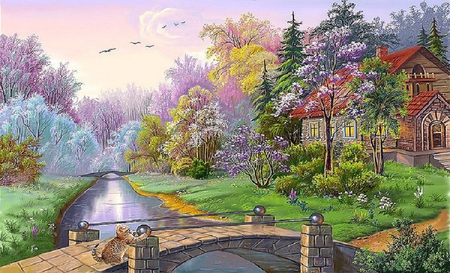 Cat on a bridge. - love four seasons, flower, cat, bridge, fall season, cats, bridges, tree, paintings, autumn, cloud, path, bird, sky, garden, houses, canals, house, trees