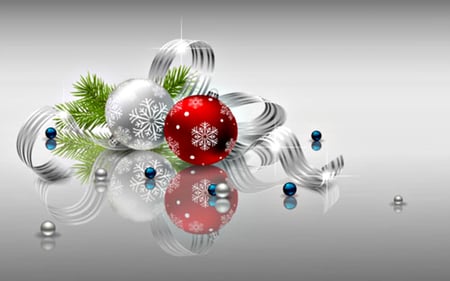 Christmas Balls - new year, beauty, xmas, magic, magic christmas, christmas decoration, balls, silver, pretty, reflection, decorations, holiday, ribbon, ball, lovely, christmas, silver balls, happy new year, christmas balls, red balls, merry christmas, red, beautiful, colors, decoration