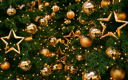 Glistening Golden Bells - christmas, green, bells, golden, stars, glistening, tree