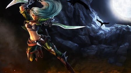 Killer Warrior - moon, sexy, warrior, black, angry, beautiful, killer, fightter, sword, birds