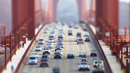 Golden Gate Bridge - miniature scene, cars, people, landscape, golden gate bridge, street, tilt-shift photography, san francisco, car, california, bridge