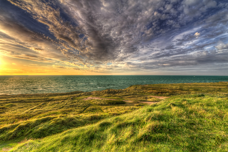 sunrise - beauty, sky, beach, peaceful, water, colorful, sunset, amazing, view, clouds, summer time, green, grass, ocean, landscape, summer, lovely, nature, beautiful, scenery, splendor, colors, sunrise, sea