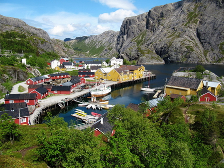 Norway. - fjord, house, boat, norway, mountain, tree