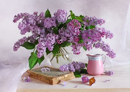 Still life - nice, beauty, season, photography, delicate, water, great, bouquet, book, still life, spring, amazing, purple, pretty, cool, petals, kettle, gently, old, lilac, harmony, soft, lovely, vase, candy, pink, beautiful, colors, photo, elegantly