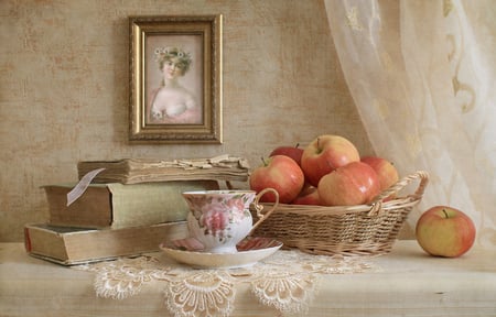 Still life - pretty, elegantly, book, books, photo, old, fruit, nice, art, gently, delicate, beautiful, photography, girl, beauty, lace, lovely, cool, still life, harmony, picture, soft, apple, cup