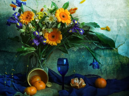 Still life - pretty, elegantly, blue, amazing, photo, flowers, irises, iris, fruit, gerber, tangerine, nice, gerbera, delicate, beautiful, photography, beauty, colors, lovely, cool, still life, flower, bouquet, harmony, scarf, glass