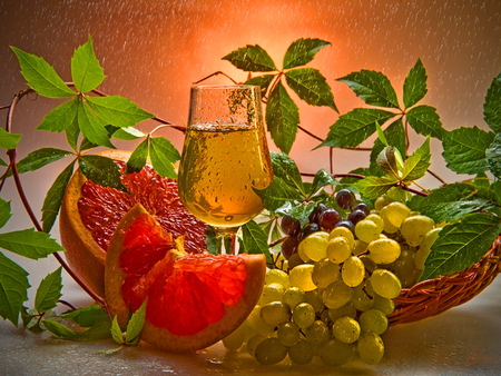 Fresh fruits and juice - grape, delicious, refreshing, coctail, orange, basket, fresh, red, juice, fruits