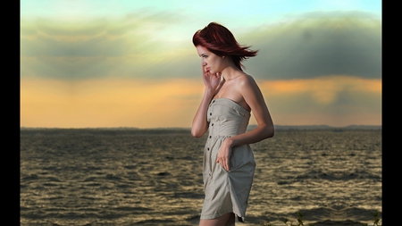 Red Headed Lady By The Water - clouds, babe, sunset, hottie, choppy, beautiful, dress, sky