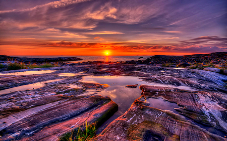 Lovely Sunset - pretty, magic, amazing, splendor, reflection, sunrays, purple, view, purple sky, sky, clouds, sunlight, beautiful, sea, beauty, colors, lovely, ocean, stones, colorful, nature, sunset, rays, peaceful