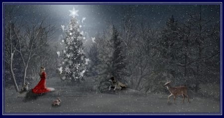 CHRISTMAS MAGIC - trees, female, forest, snow, animals, christmas